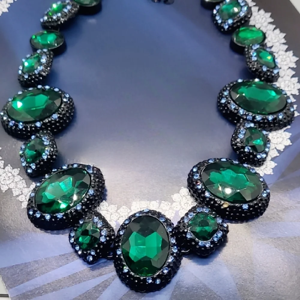 Vintage Estate Baroque Runway Green & Blue Austrian Crystal Statement Ne…